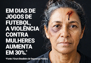 Imagem de uma mulher ferida, em fundo escuro. Os dizeres : 