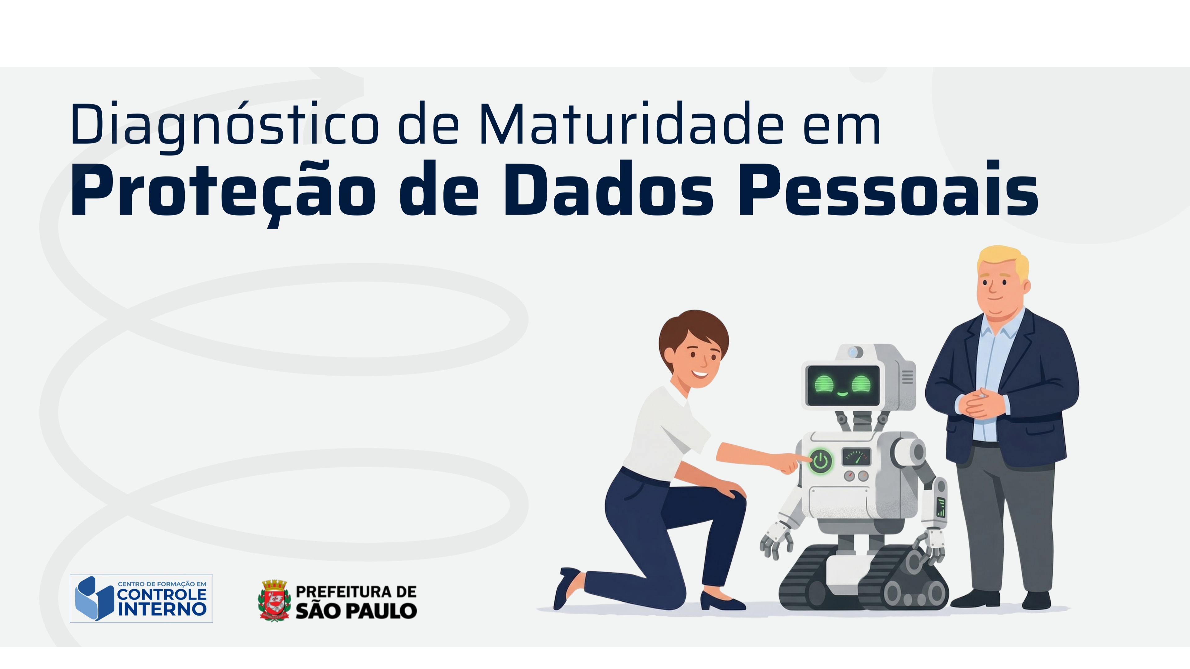 mulher branca abaixada ao lado de um robô e um homem branco em pé, em fundo cinza