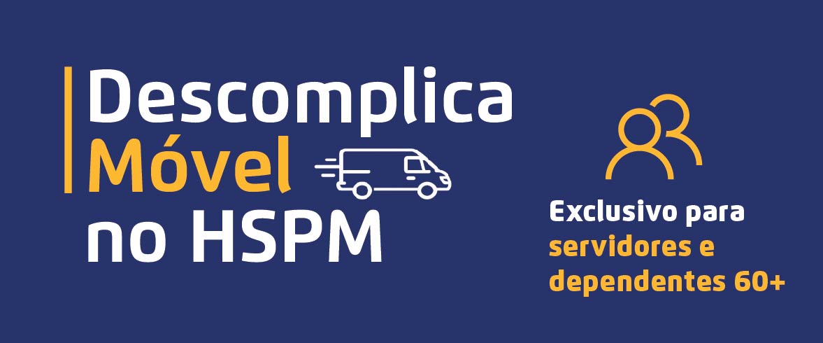 Descomplica Móvel no HSPM. Exclusivo para servidores e dependentes 60+. Texto escrito em branco com fundo azul escuro.
