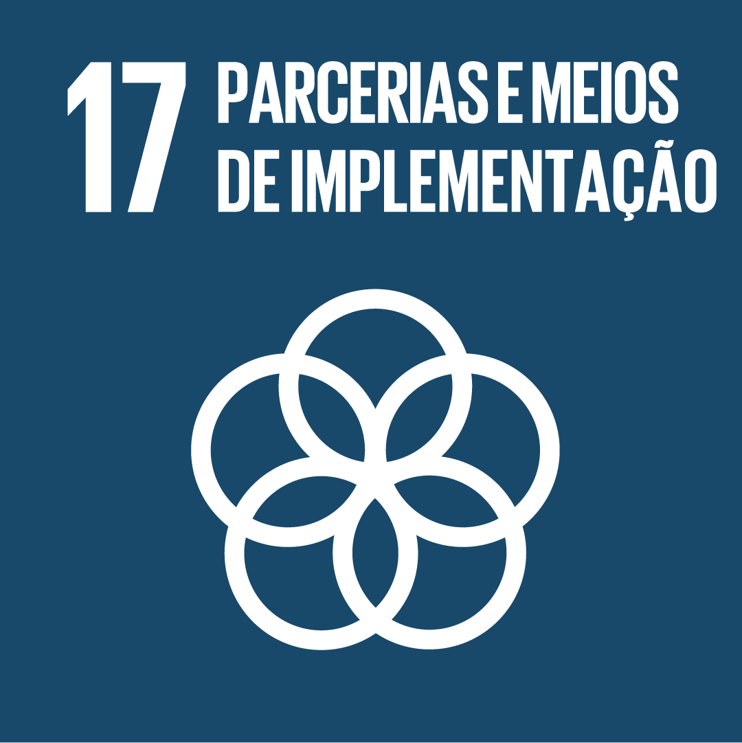  A imagem mostra o ícone da ODS 17 “parcerias e meios de implementação”, representada por um ícone azul escuro, com um símbolo composto por 5 círculos