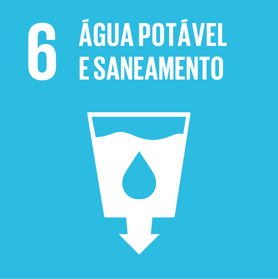 A imagem mostra o ícone da ODS 6 “cidades e comunidades sustentáveis”, representada por um ícone amarelo, com o desenho de prédios e casas brancas