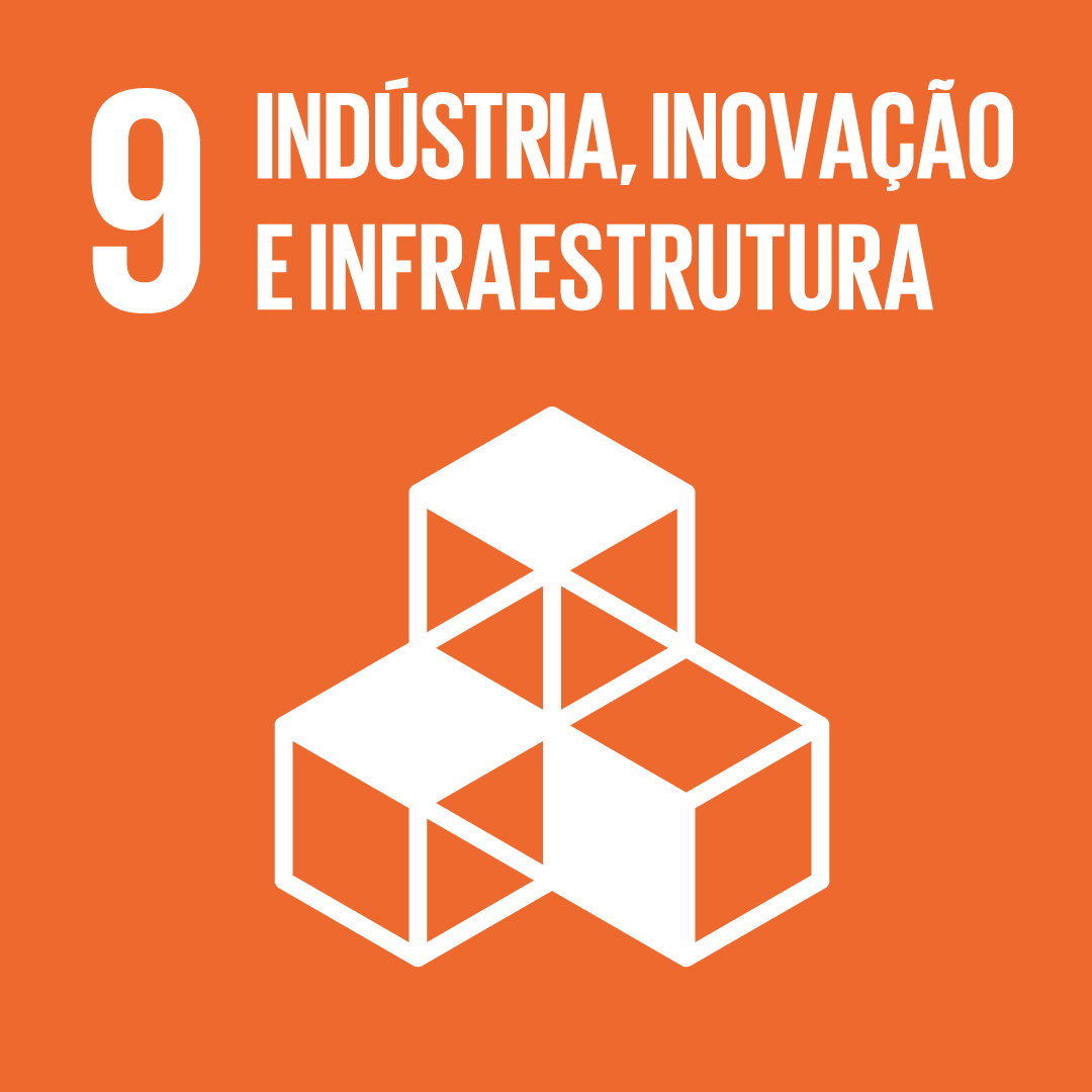 A imagem mostra o ícone da ODS 9 “indústria, inovação e infraestrutura”, representada por um ícone laranja, com um desenho de 3 cubos interligados