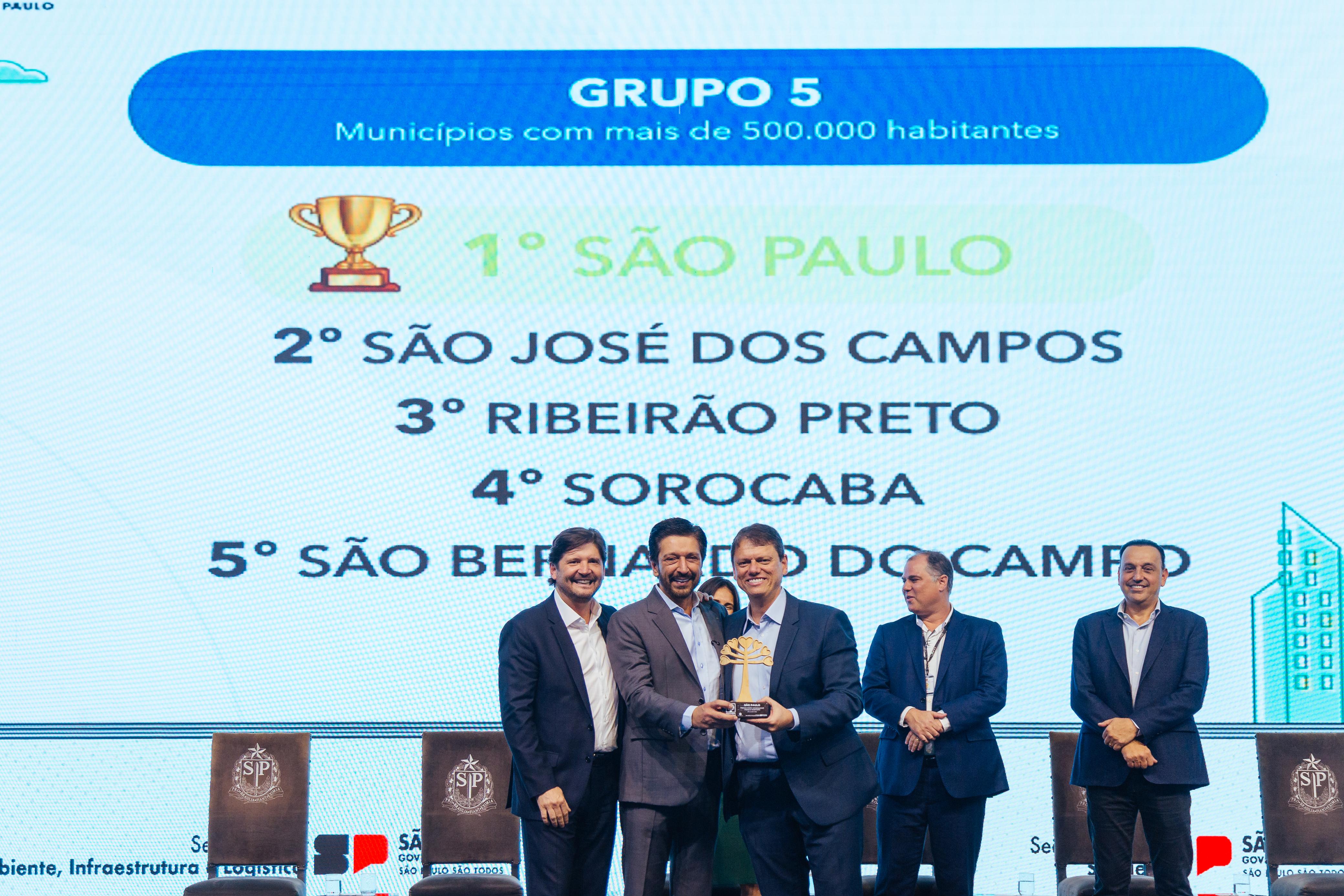 Cinco homens de terno estão em um palco durante uma cerimônia de premiação. Ao fundo, um telão mostra o ranking de municípios com mais de 500 mil habitantes no Programa Município VerdeAzul, com São Paulo em primeiro lugar. Dois dos homens seguram um troféu juntos, sorrindo