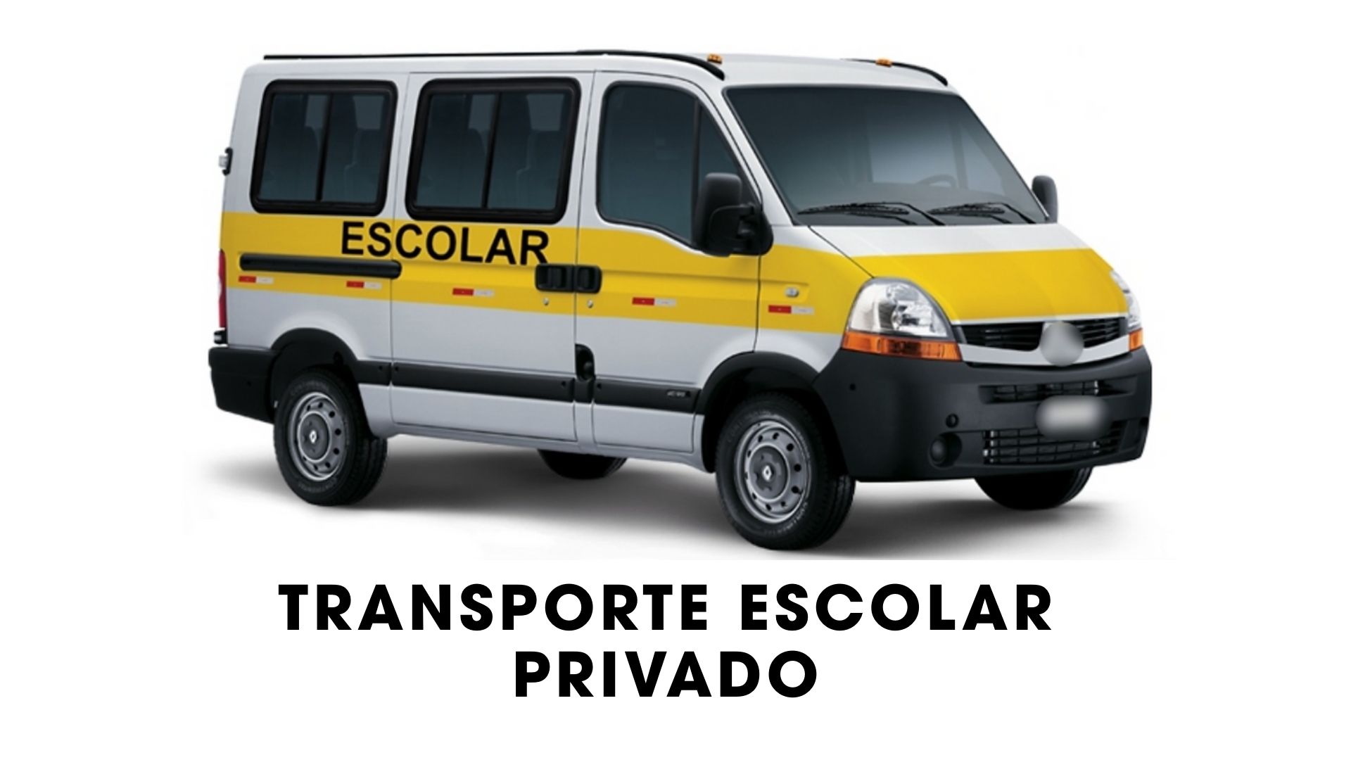 Van branca escolar e texto: Transporte Escolar Privado em fundo branco.