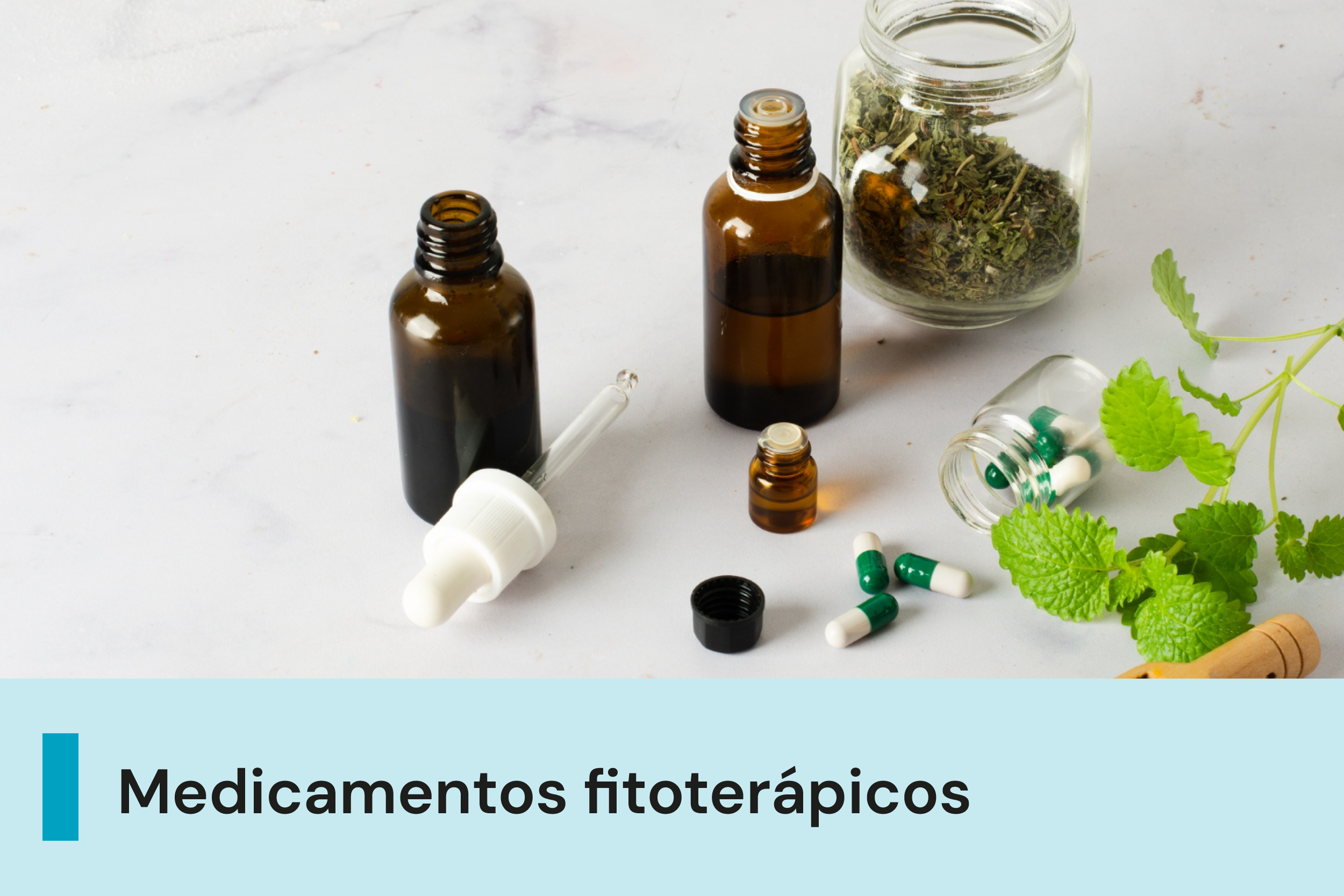 Pra Cego Ver: A imagem possui um fundo claro com frascos, medicamentos e ervas acima. Abaixo, uma faixa com o texto 