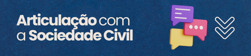 Banner superior com fundo branco, escrito em amarelo Articulação e uma ilustração com um círculo central ligado a outros cinco círculos menores. O banner possui ainda uma barra amarela inferior e um contorno dos principais monumentos da cidade de São Paulo.