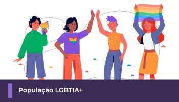 A imagem mostra ilustrações de pessoas da população LGBTIA, usando camisetas e segurando bandeira com as cores do arco-íris. Abaixo uma faixa com o texto 