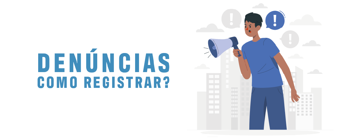 A imagem possui um fundo branco com uma ilustração de um homem segurando um megafone, ao centro um texto 