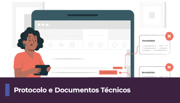 A imagem possui uma ilustração de uma personagem segurando um aparelho eletrônico e ao fundo, telas e documentos. Abaixo, uma faixa com o texto 