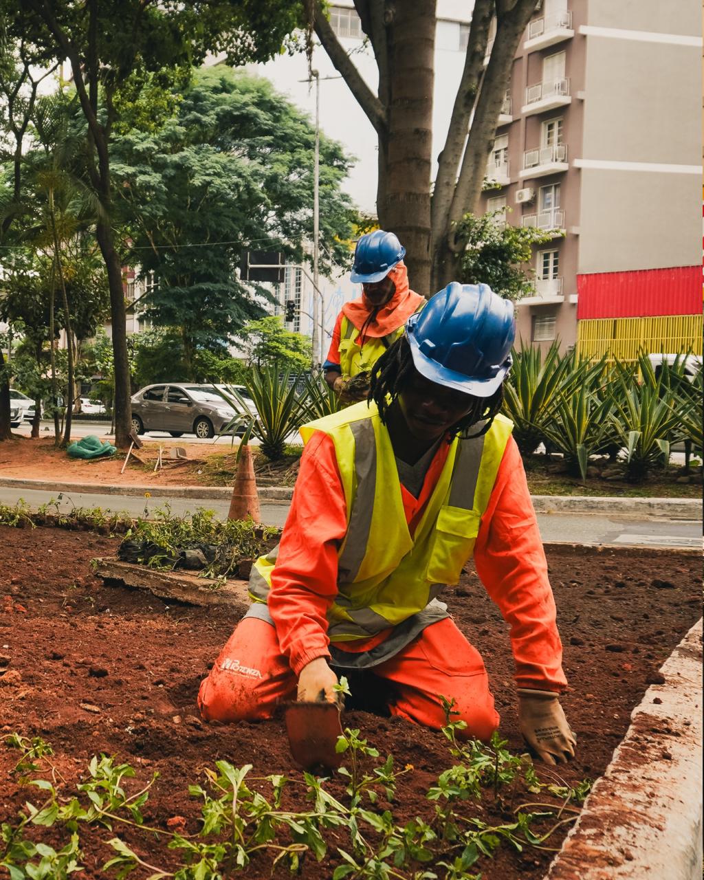 Uma trabalhadora de uniforme laranja e colete amarelo, usando capacete azul, está ajoelhada na terra vermelha plantando pequenas mudas. Outro trabalhador está logo atrás dela. A cena se passa em um canteiro de obras/jardim em uma área urbana com árvores e prédios no fundo.