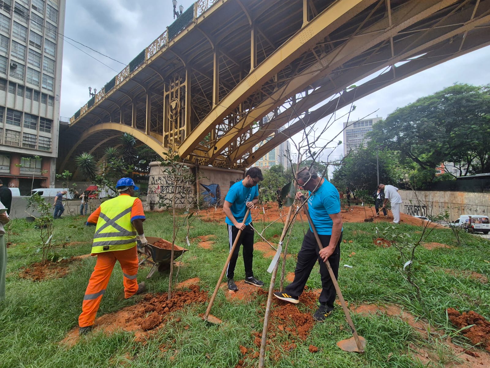 A imagem mostra um grupo de pessoas realizando o plantio de mudas de árvores em um canteiro gramado, localizado abaixo de um grande viaduto metálico de cor amarela. Em primeiro plano, à esquerda, um trabalhador veste uniforme de segurança laranja com faixas refletivas amarelas e capacete azul; ele empurra um carrinho de mão com terra. Ao centro e à direita, dois homens com camisetas azuis utilizam enxadas para preparar a terra ao redor das mudas recém-plantadas. O solo apresenta manchas de terra avermelhada onde o plantio está sendo feito. Ao fundo, o viaduto possui detalhes ornamentais em sua estrutura e, nas laterais, veem-se prédios urbanos e copas de árvores verdes sob um céu nublado.