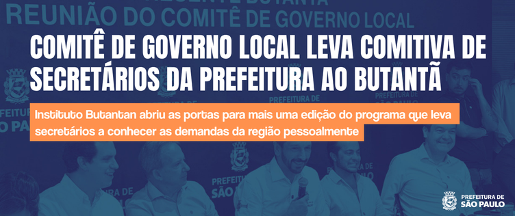 A imagem apresenta uma peça informativa da Prefeitura de São Paulo, composta por uma fotografia com filtro azulado que retrata um grupo de autoridades reunidas em uma mesa de trabalho. No centro, em destaque com letras brancas e maiúsculas, lê-se a frase 